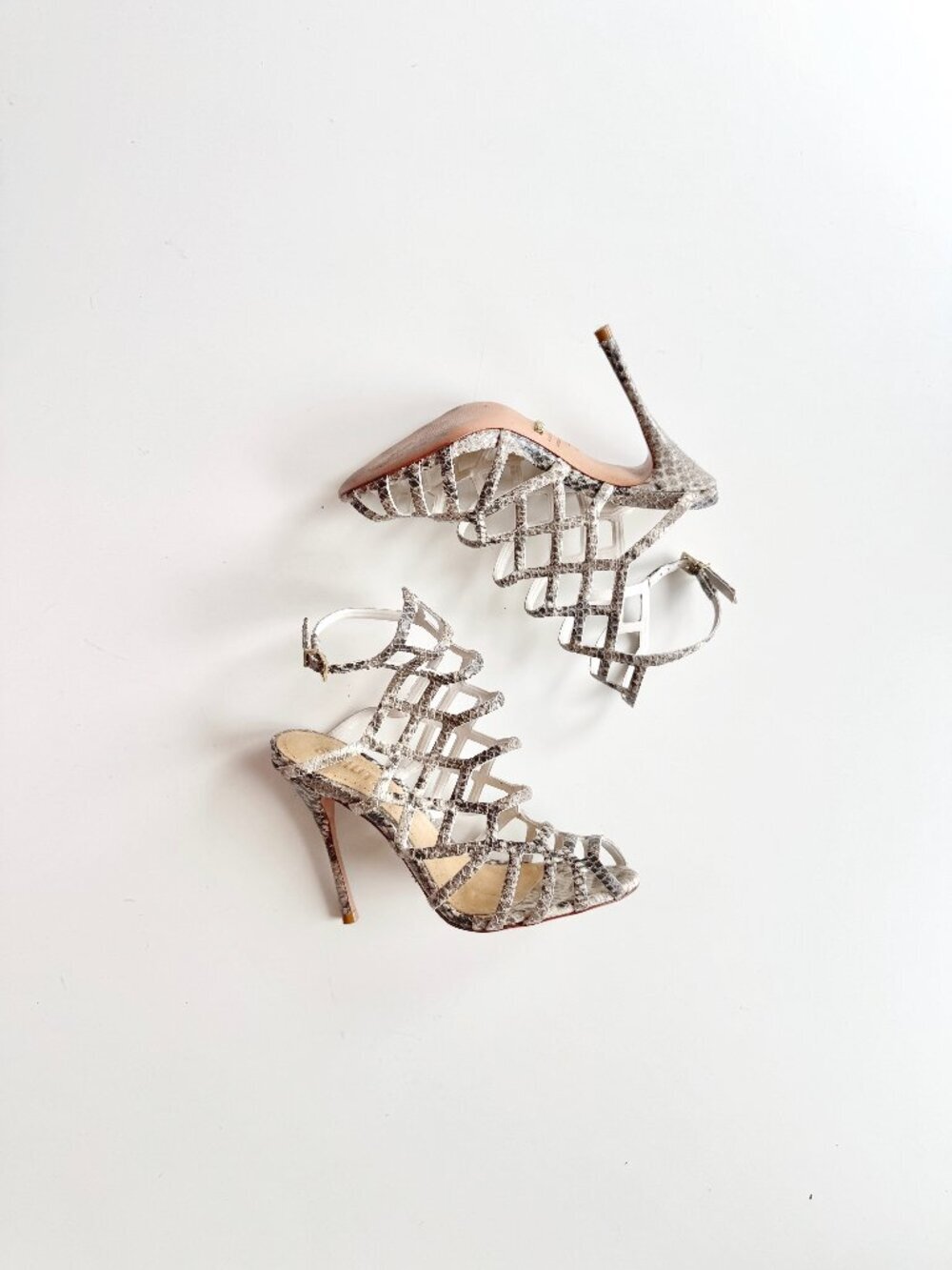 SCHUTZ Julianna Grey Python Snake Leather Strappy High Heel Cage Sandals, Size 5